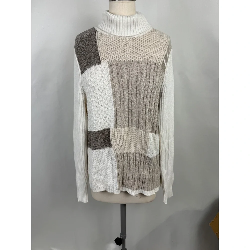 Liz&Co 1X Chunky Patchwork Turtleneck Plus Sweater Cozy Neutral Holiday Casual